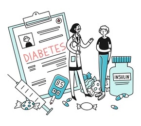 diabetes patient diagnostic. young man consulting doctor, insulin, sugar, syringe flat illustration. healthcare, treatment, disease concept for banner, website design or landing web page