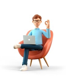 3d illustration of smiling happy man with laptop sitting in armchair and showing ok gesture. cartoon businessman with okay sign, working in office and using social networks, isolated on white.