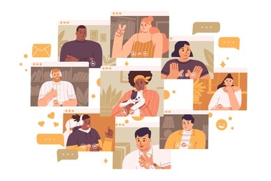 concept of videoconference and web communication. team meeting online. smiling man and women work remotely and have a corporate virtual discussion. vector illustration in flat cartoon style