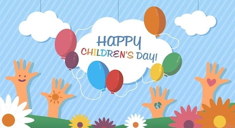 happy children's day. vector cartoon illustration. web banner template. selebration, world children day. colorful background. chuldrens hands and clouds and flowers. be happy. child protection day