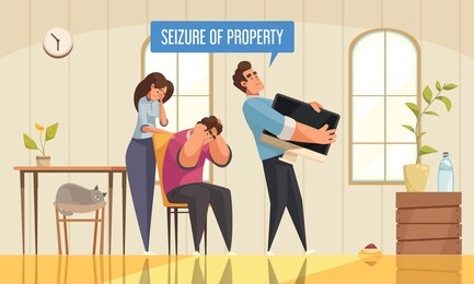 mortgage credit family composition with home interior and unhappy couple with agent seizing property and text vector illustration