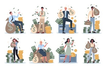 set of business people with money. happy successfull woman and man with a bag of money, sitting or standing near by banknotes and coin. financial well-being idea. isolated vector illustration