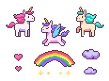 fantasy game pixel art assets with unicorns, hearts, rainbow, stars, glitters and clouds