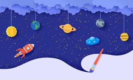 space with planets on rope flying red polygonal rocket and ufo in paper cut style. cut out 3d abstract background with cloudy night sky and flying saucer and paintbrush draw. vector card illustration