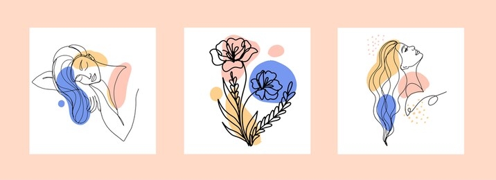 vector set of design templates and illustrations in minimal linear style - minimalistic modern art - female portrait and flowers