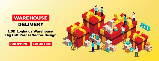 2.5d logistics warehouse big gift parcel vector design