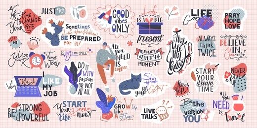 a big set of 27 stickers. motivational phrases and quotes about office life, work, passion and etc. handwritten lettering for design production, banners, booklets. in retro style, vector illustration.