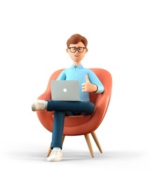 3d illustration of smiling man with laptop sitting in armchair and showing gesture cool. cartoon businessman with thumb up sign, working in office and using social networks, isolated on white.