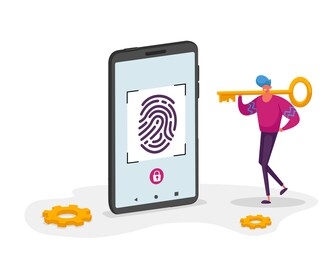 finger print scan, authorization in security system. fingerprint scanning at smartphone screen. man character holding huge key for access control. identification of person. cartoon vector illustration