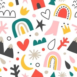 scandinavian baby pattern with rainbow handdrawn abstract shapes, nordic ornament for kids room or textile print, bedroom, scandi baby doodles, seamless vector background