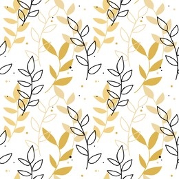 seamless pattern of twigs in golden colors and leaves with a black outline on a white background.