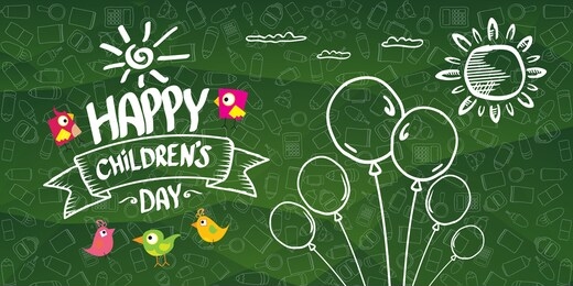 international childrens day cartoon doodle style green horizontal banner background. happy children day greeting cad, icon or label. cartoon kids day poster. children day hand drawn banner design