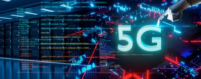 robot android hand holding icon 5g.5g network digital hologram and internet of things on server background.5g network wireless systems.robot android hand holding icon 5g.3d render