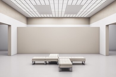 contemporary exhibition hall interior with copyspace on concrete wall and bench.  gallery and presentation concept.  mock up, 3d rendering