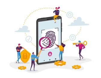 cyber security, futuristic technologies concept. fingerprint scanning smartphone access lock. tiny characters around huge mobile phone with finger scan biometric id. cartoon people vector illustration
