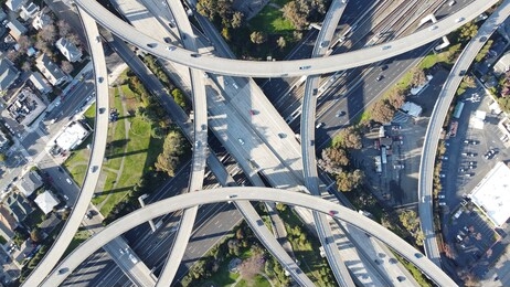 a beautiful aerial shot of the  macarthur maze, oakland ca, usa