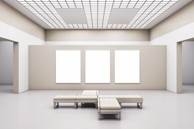 minimalistic exhibition hall with three blank banners on wall and bench. gallery concept. mock up, 3d rendering