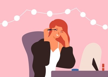 smiling colorful woman dye eyelashes looking at mirror vector flat illustration. young girl enjoying cosmetic procedure use mascara at home. beauty female applying makeup having positive emotion