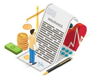 medical insurance, illustration. isometric money, scales of justice, pen, insurant male character, heart with medicine under insurance policy. health insurance concept for banner, website page.