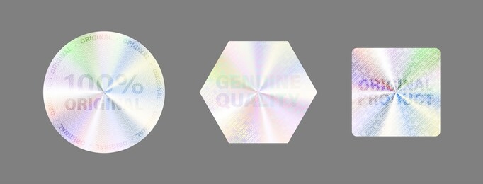 round hologram label set isolated on white. geometric holographic label for award design, product guarantee, sticker design. vector hologram sticker collection. quality holographic sticker set.