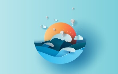 balloon white hot air of sea wave view landscape sunlight. travel in holiday summer season circle concept. graphic design paper cut and craft style. simple vacation summertime idea pastel background