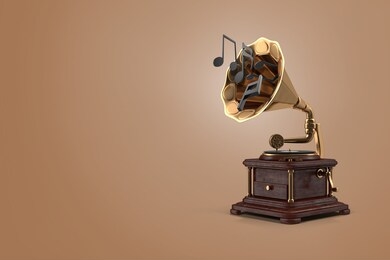 3d rendering retro golden gramophone with music notes on brown isolated background.3d rendering.
