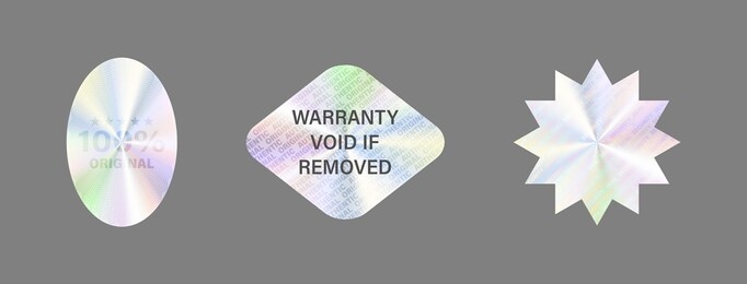 round hologram label set isolated on white. geometric holographic label for award design, product guarantee, sticker design. vector hologram sticker collection. quality holographic sticker set.