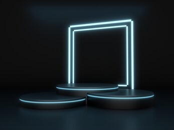 black cylinder shape of product display with neon light frames, technology and futuristic concepts, podium, stand, 3d rendering.