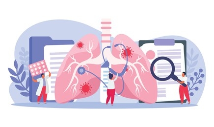 pulmonologists doing lung inspection with stethoscope flat composition vector illustration