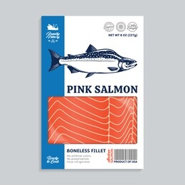 vector alaskan pink salmon packaging design concept. modern style seafood illustration. raw salmon slices in a package on a grey background