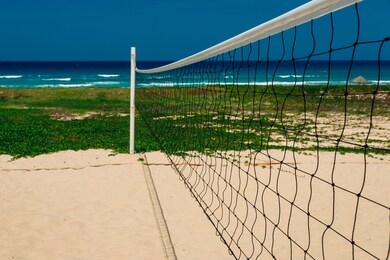 beach volleyball court on the sandy shore near the sea. no one at the site. sea view, sunny day. great place for outdoor activities with beautiful seascape, coconut palms in the background. copy place