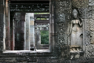 apsara dancer at the bas-relief of banteay kdei temple in the angkor area near siem reap, cambodia.