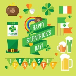 happy st. patrick's day vector illustration icon set. traditional irish symbols in modern flat style. design elements for irish poster, banner.