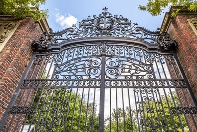 harvard university's iron gate in cambridge, massachusetts, usa.