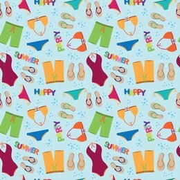 vector seamless pattern with different fashion clothing and elements: swimsuits, flip flops, shorts. happy summer colorful bright background.
