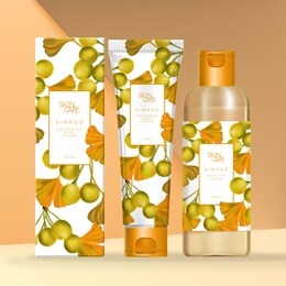 vector ginkgo theme beauty, skin care or health care transparent bottle or tube packaging with carton outer box illustration.