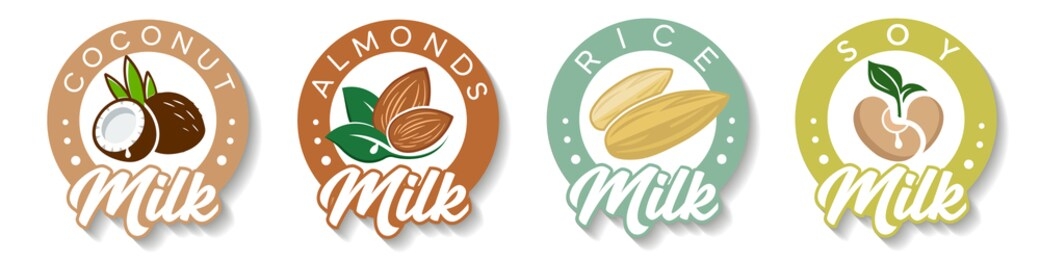 set of labels with almond, soy, coconut, rice milk. vector set of packaging design elements for nutritional nutrition

