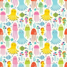 seamless vector pattern with jellyfish, octopus, fish, seahorse and water plants.