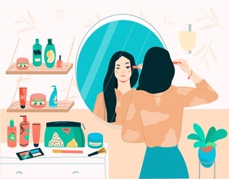 cute young woman standing in front of mirror, applies makeup on your face. face and body care concept flat vector illustration in modern style. flat cartoon vector illustration.