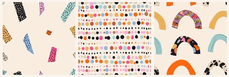 set of three seamless colorful summer patterns. hand drawn trendy abstract illustrations. creative collage seamless patterns. 