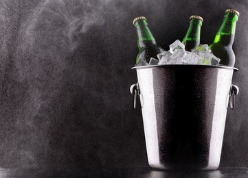 beer bottles in ice bucket isolated on black
