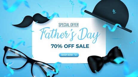 father's day special offer. 70% off sale banner design with white frame, glasses, hat, mustache and foil confetti and white air balloons on blue background. father's day template