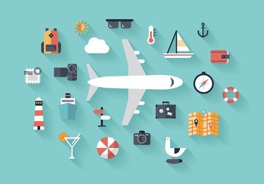 flat design style modern vector illustration icons set of traveling on airplane, planning a summer vacation, tourism and journey objects and passenger luggage. isolated on stylish background.