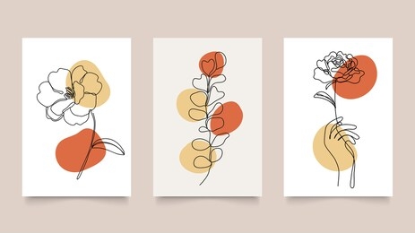 floral line arts frame cover collection. minimalistic modern line art  flower with abstract shape background for print, beauty and fashion. vector illustration. 