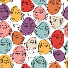 hand drawn abstract woman faces in line art style, seamless pattern background, modern minimalism art, aesthetic contour, vector illustration