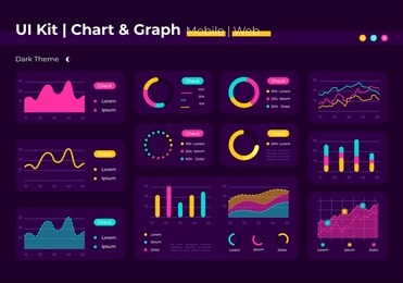 chart ui elements kit. diagram for data analysis. graph isolated vector icon, bar and dashboard template. web design widget collection for mobile application with dark theme interface