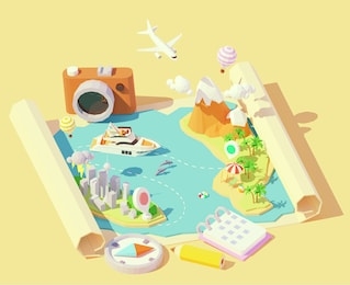 vector isometric summer travel and vacation illustration. summer travel map. escape from city to tropical paradise. airplane, yacht, balloons. summer vacation planning with compass, calendar, camera