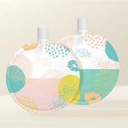 vector round packet with white screw cap, pastel abstract pattern printed. packaging mockup for face mask, body lotion, body wash, seasoning & sauce.