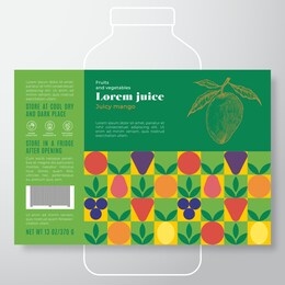 fruit and vegetables pattern juice label template. abstract vector packaging design layout. modern typography banner with hand drawn mango with leaves silhouette background. isolated.