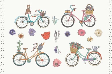 bikes vintage with animals and flowers hand drawn cute pastel colors illustrations set